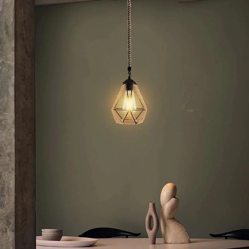 Adjustable hanging lamp with hemp rope length, metal cage, vintage industrial style, E27 socket, 95cm cable.