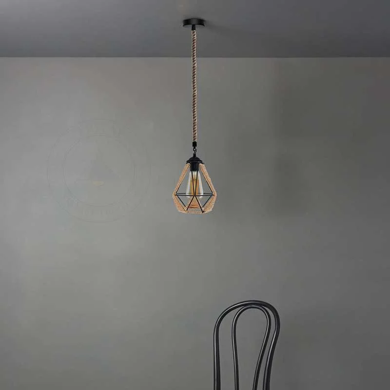 Metal cage pendant light with hemp rope cable, vintage industrial design, adjustable length, hanging from ceiling