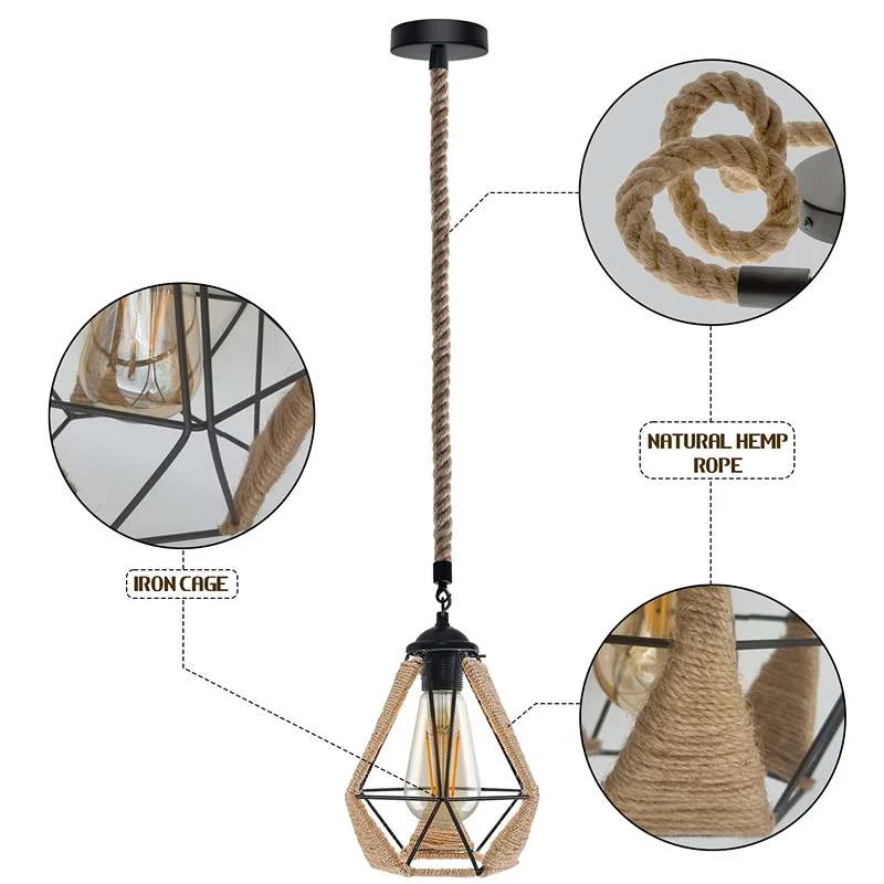 Vintage hemp rope pendant light in metal cage on adjustable 95 cm hemp cable, E27 socket.