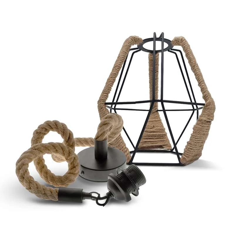 Vintage industrial hemp rope pendant light hanging from a metal cage, with adjustable hemp cable and E27 socket.