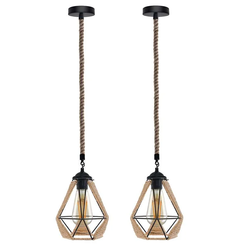 Hemp rope pendant light hanging from metal cage, vintage industrial style.