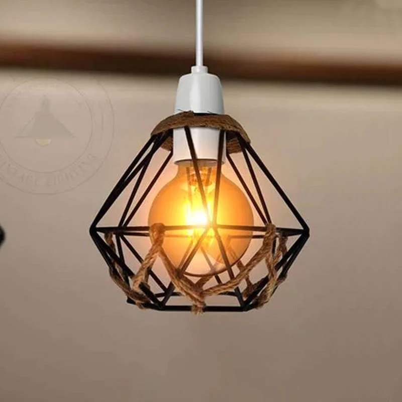 Vintage hemp rope lampshade with a diamond-shaped metal cage, hemp rope detailing and a reducer ring for hanging
