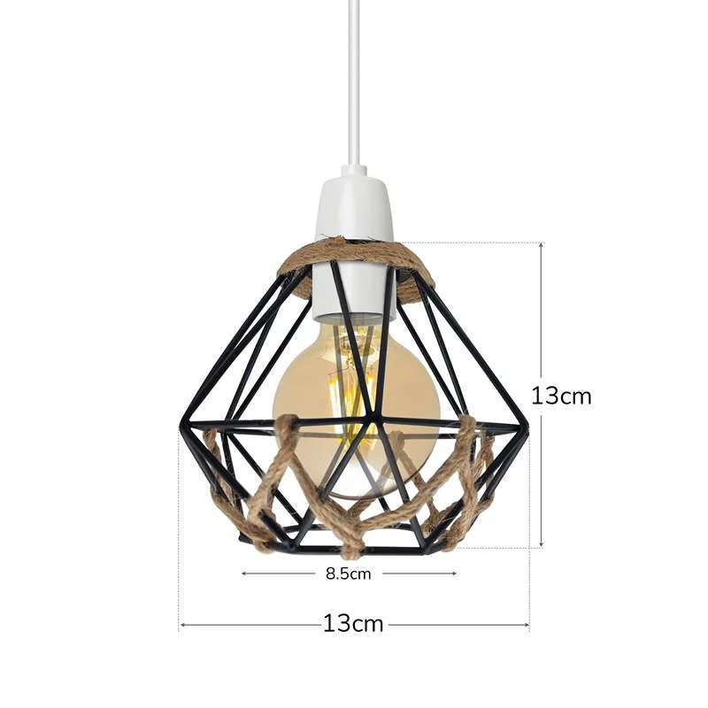 Black vintage indoor pendant light shade with metal diamond cage and hemp rope, featuring a reducer ring