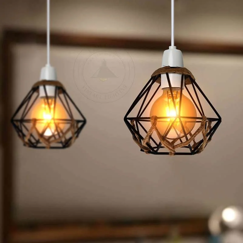 Vintage black farmhouse metal diamond lampshade with hemp rope detailing and reducer ring, a hemp rope ceiling light shade.