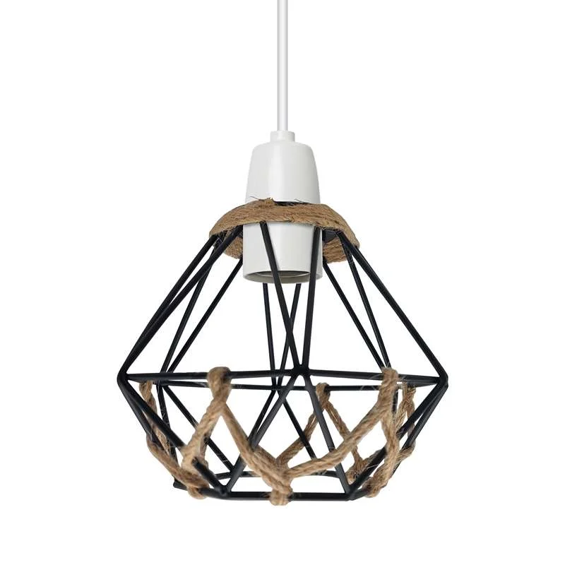 Vintage style lampshade with black metal diamond cage and hemp rope wrap, mounted on a reducer plate for pendant installation.