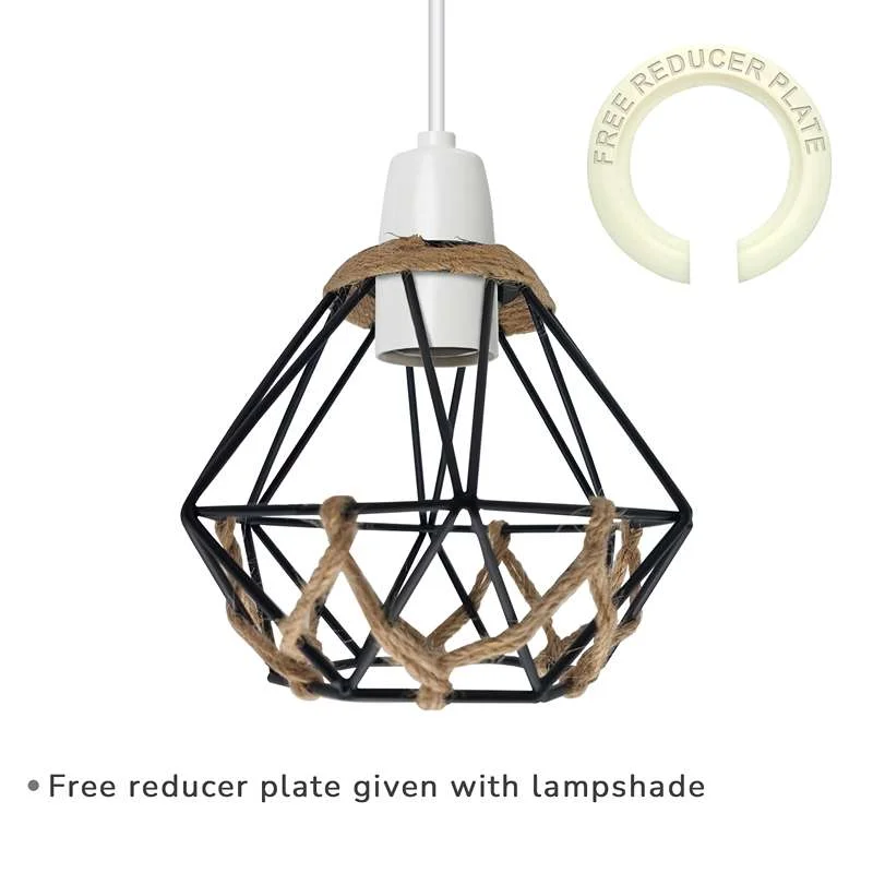 Vintage hemp rope lampshade: black metal diamond cage wrapped in hemp rope with reducer ring for indoor hanging light