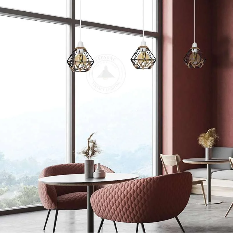 Vintage hemp rope lampshade with metal diamond cage, 13 cm diameter, hemp rope detailing, hanging from reducer ring.