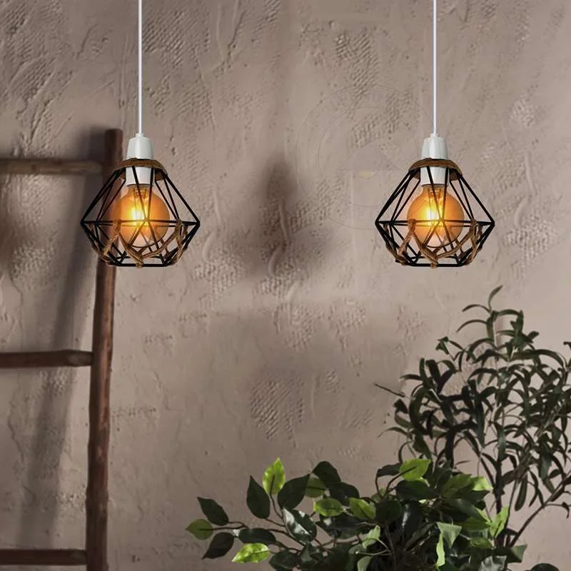 Vintage hemp rope lampshade with metal diamond cage and reducer ring, showing detailed hemp rope weave around metal frame