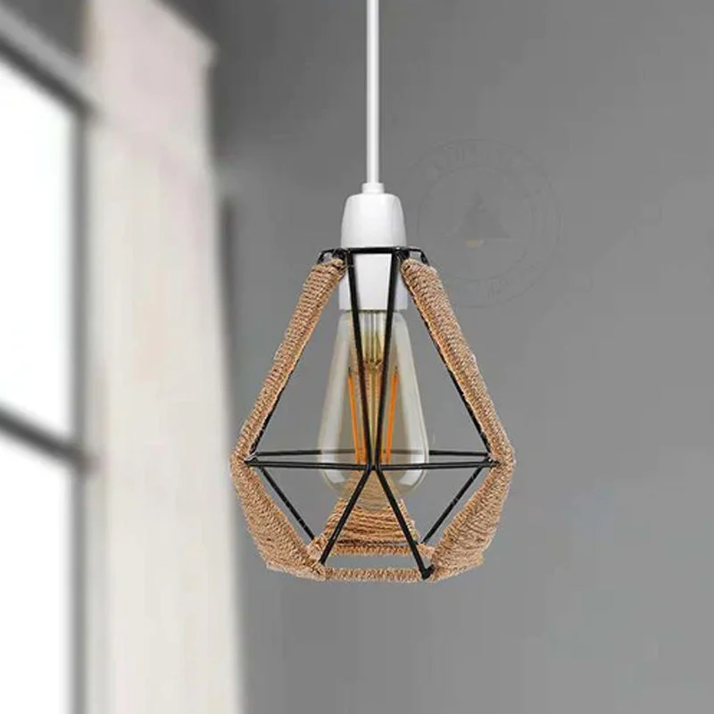 Vintage hemp rope lampshade featuring a metal cage, diamond geometric shape, and a reducer ring for wall hanging.