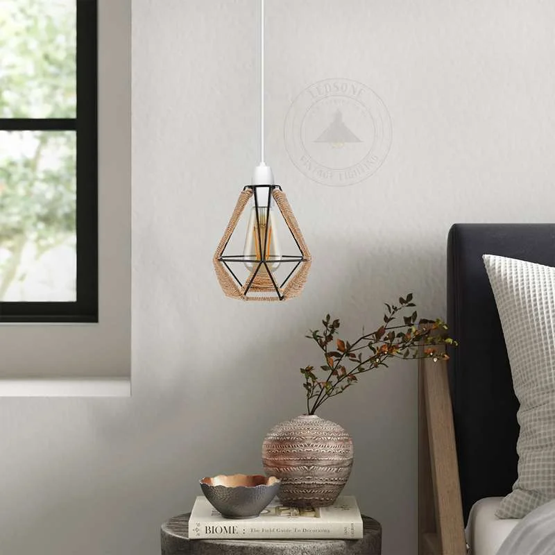 Vintage diamond‑shaped metal cage lampshade wrapped in hemp rope, with a reducer ring, mounted on a ceiling pendant fixture.