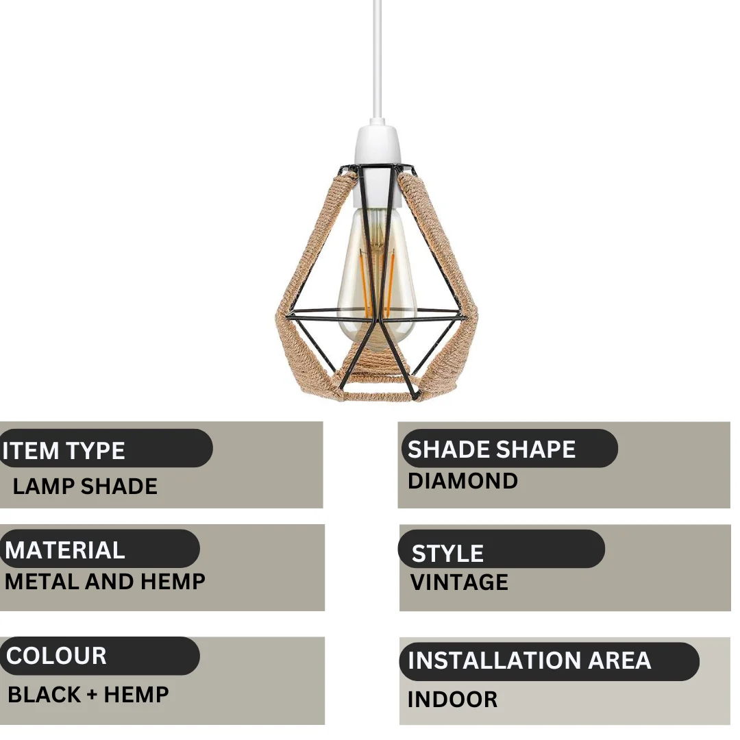 Metal cage lampshade wrapped in hemp rope, diamond shape, with reducer ring for pendant lights