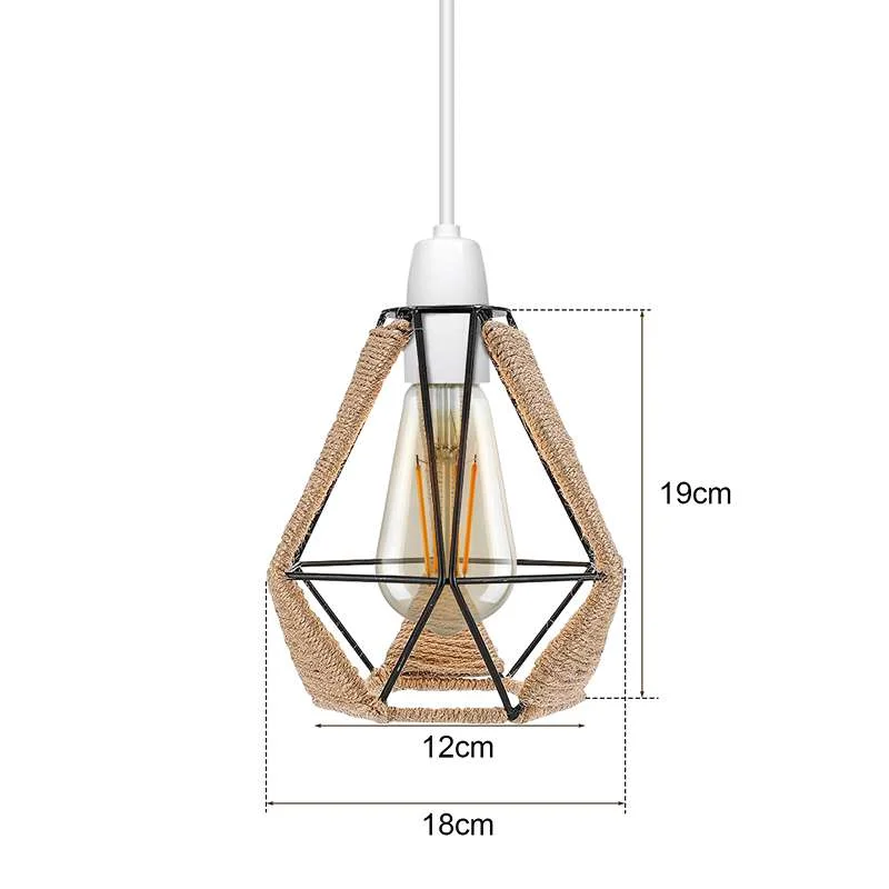Vintage metal and hemp rope lamp shade with diamond geometry, a sturdy cage placed in an indoor pendant setting.
