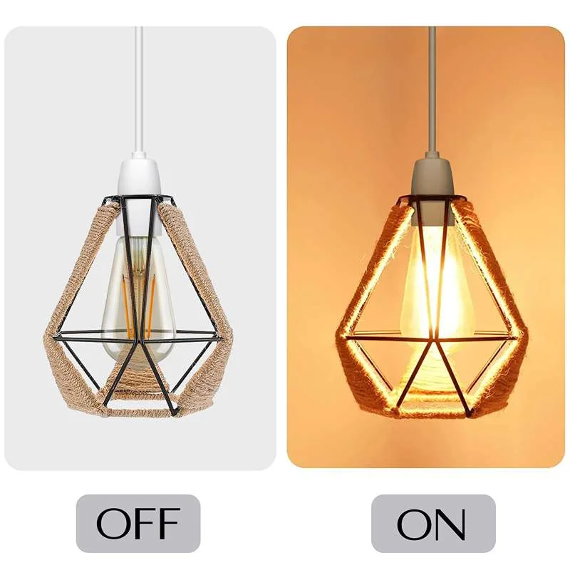 Metal cage lampshade with hemp rope light cover and diamond shape, featuring a reducer ring for versatile ceiling fittings