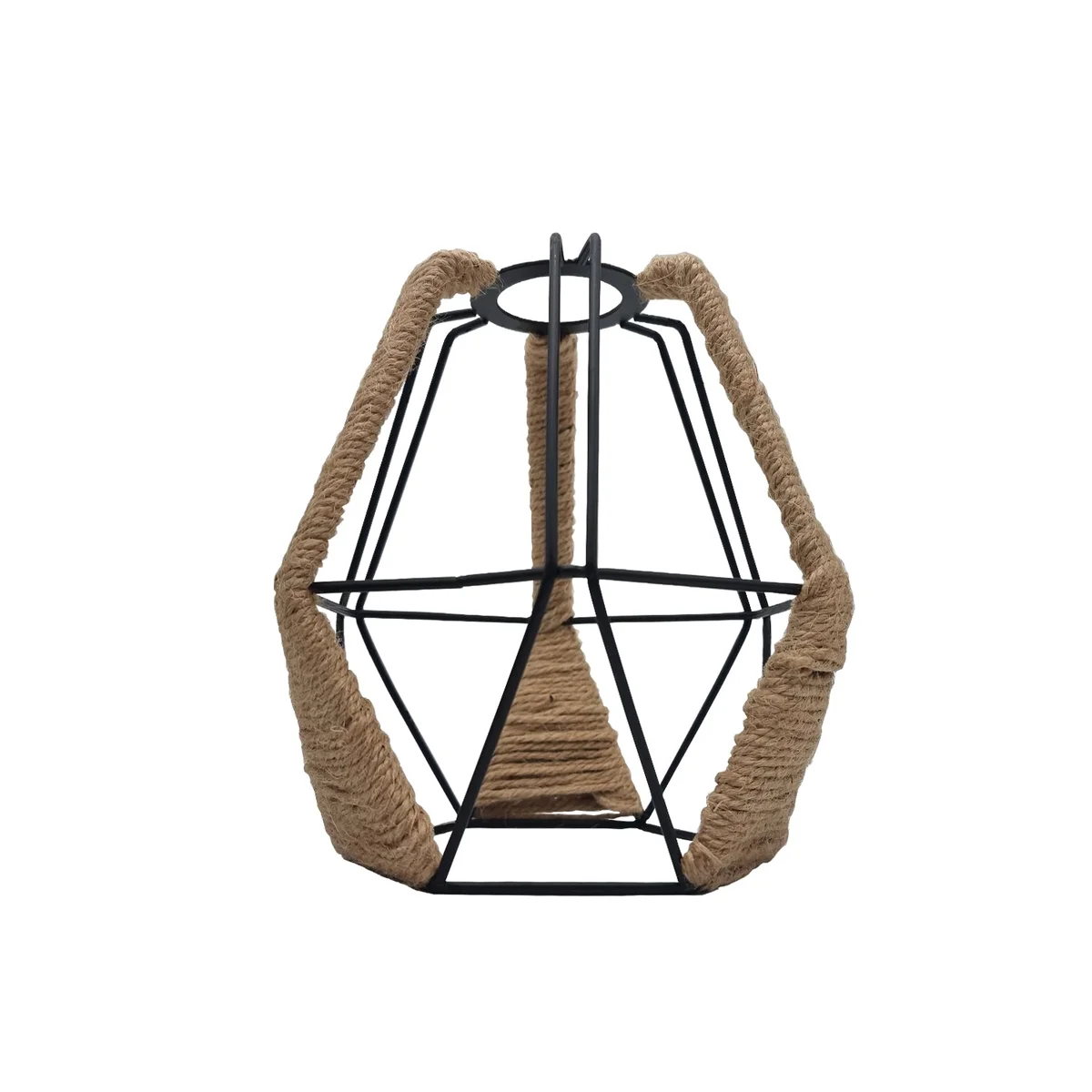 Vintage style lamp shade, diamond-shaped metal frame with hemp rope cage and reducer ring for indoor pendant or table lamps