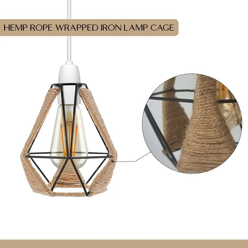 Metal and hemp diamond‑shaped lampshade with cage design and reducer ring – a vintage hemp rope lampshade