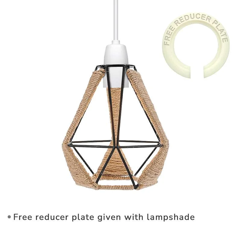 Metal cage lampshade with hemp rope, diamond shape, vintage hemp rope lampshade, reducer ring.