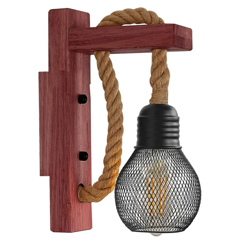 Vintage wooden rope wall lights with black metal cage shade, natural hemp rope, housed on solid wood base, indoor wall lights