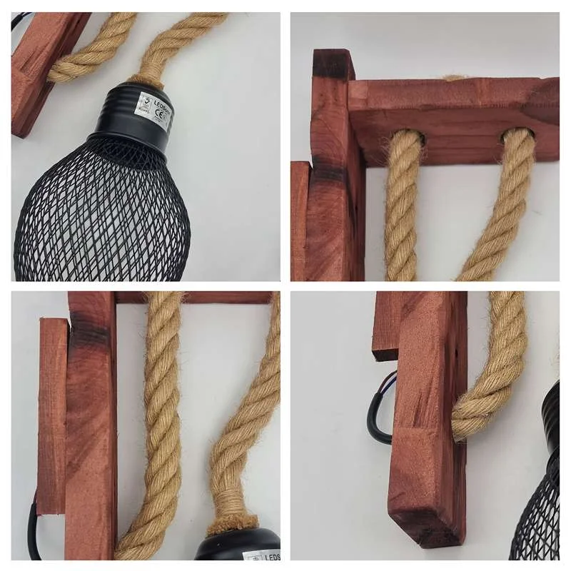 Rustic rope wall lights hanging from wall with solid wooden base and black metal cage shade
