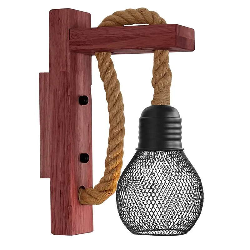 Rustic rope wall lights on wooden base with hemp rope and black metal cage, vintage industrial style
