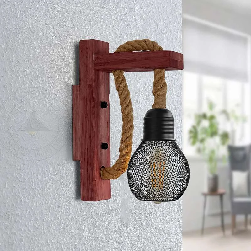 Vintage wooden lamp with hemp rope and black metal cage shade, a rustic rope wall lights fixture.