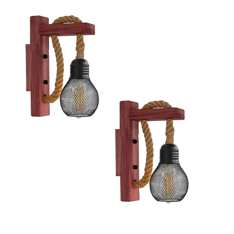 Rustic rope wall lights with a wooden base, black metal cage shade and handwoven hemp rope, mounted on an interior wall.
