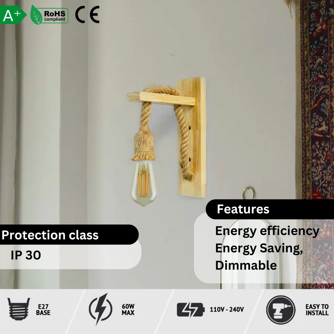 Rustic wooden wall lamp with hand‑woven hemp rope, E27 base – indoor wall lighting fixture for hallways and cafés.