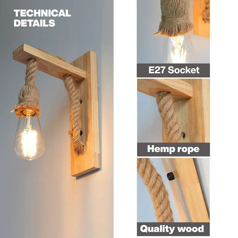 E27 bulb wall light with rustic wooden frame and hand‑woven hemp rope, wall‑mounted in a vintage industrial style