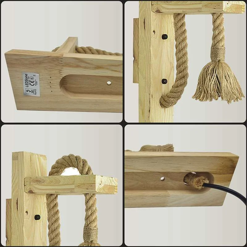 Wooden rope wall lamp with hand‑woven hemp rope and solid wood housing, vintage industrial style.