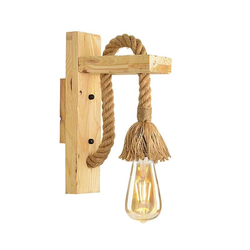 Rustic wooden rope wall lamp on a wall, showing solid wood body with natural hemp rope wrap and E27 bulb socket.