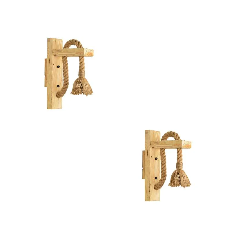 Rustic wooden rope wall lamp featuring solid wood panel and hand‑woven hemp rope, mounted on a wall.