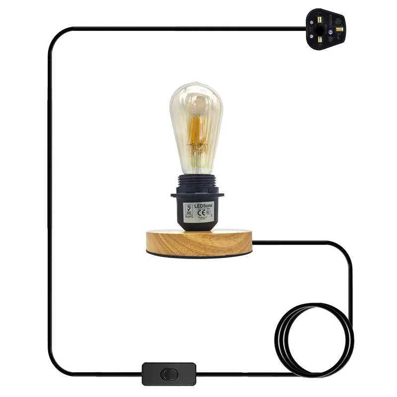 Black industrial table lamp with wood base and adjustable 2m plug‑in cable, on/off switch.