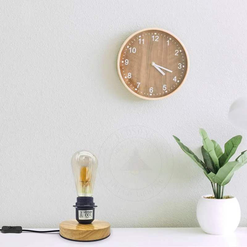 Black industrial table lamp with wooden base and adjustable 2m cable, perfect bedside night light