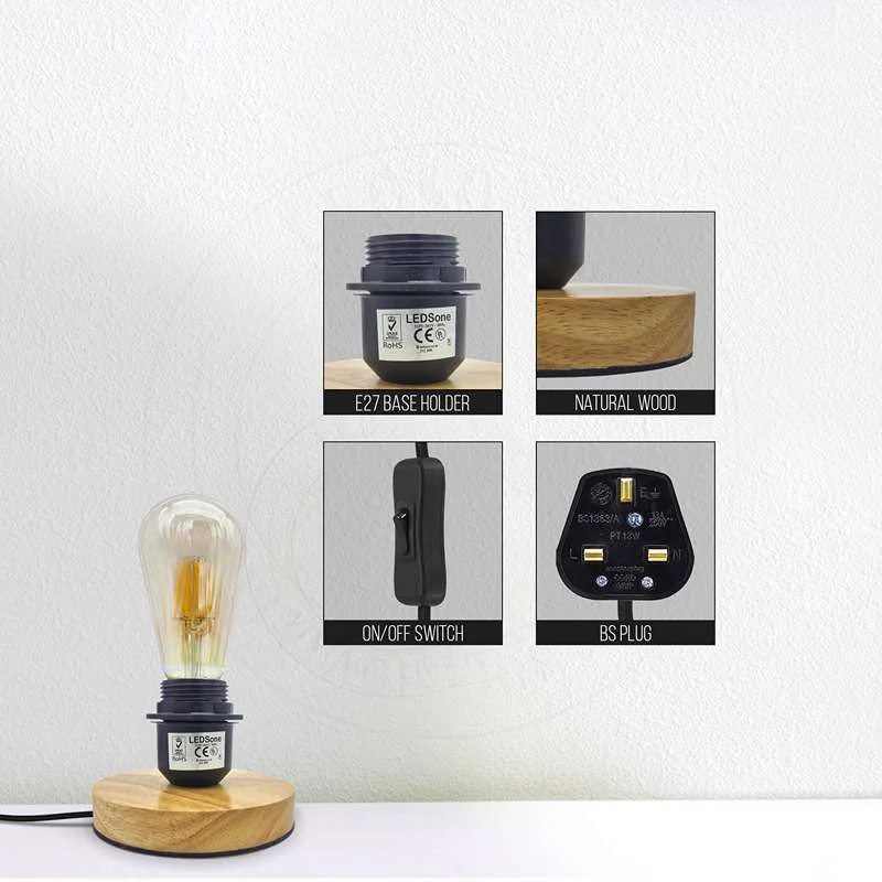 Industrial table lamp with black E27 holder on a natural wood base, adjustable 2m plug‑in cable and on/off switch