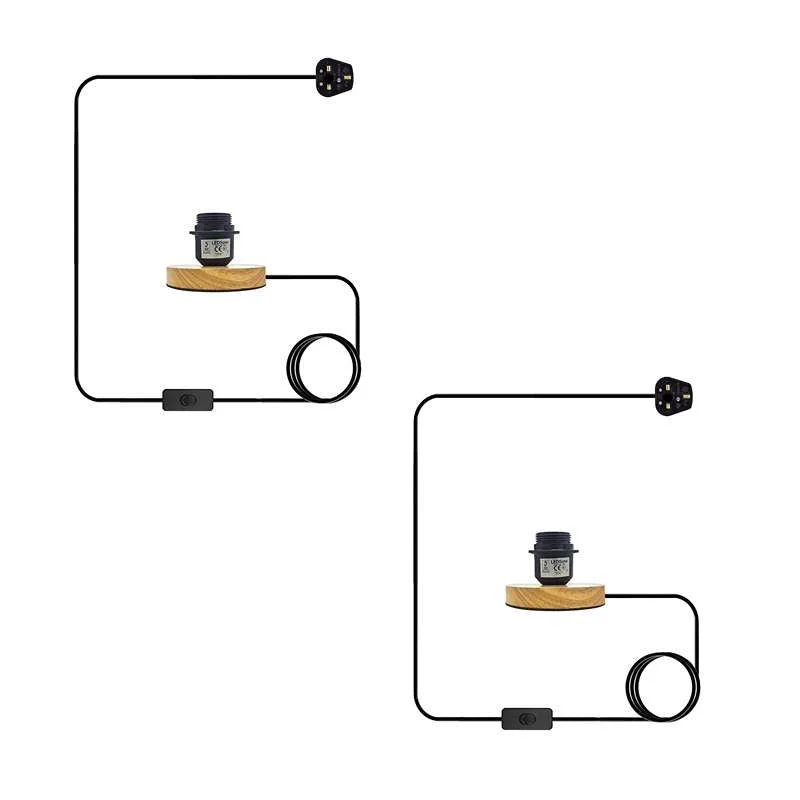 Industrial table lamp with black E27 holder and natural wood base, 2m plug‑in cable, on/off switch