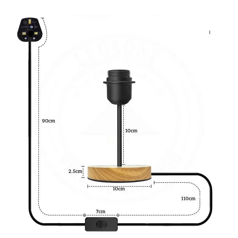 Vintage black table lamp with black metal holder, natural wood base, E27 socket and 2m power cable, on a tabletop.