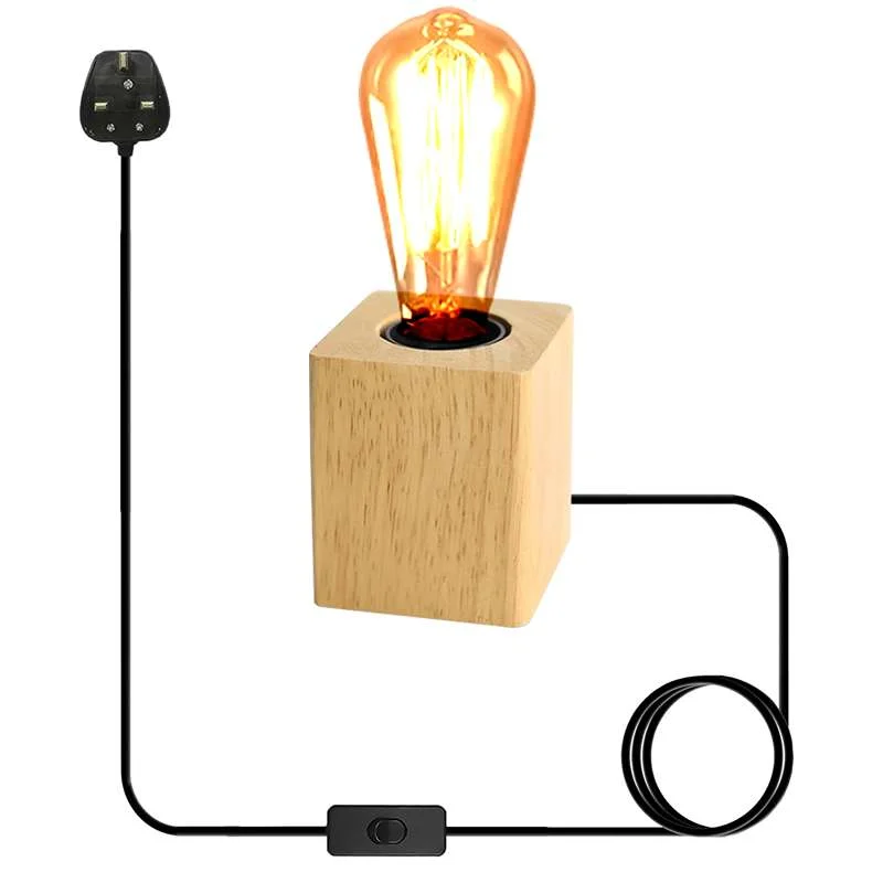 Solid wood lamp base with metal E27 holder, long PVC cord with on/off switch – adjustable cord lamp for modern décor.