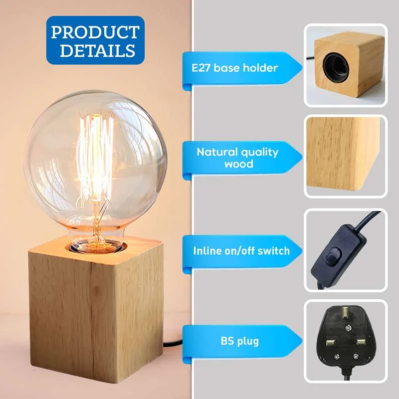 Wooden table lamp base with solid wood base, metal holder, 2m PVC cord and on/off switch