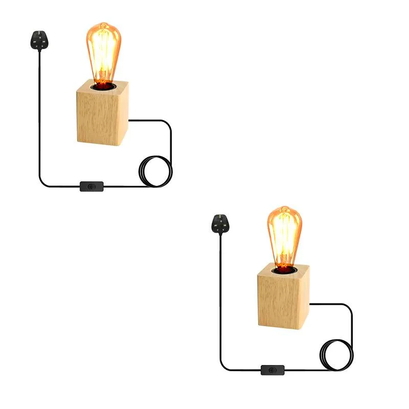 Solid wooden round lamp base with metal E27 holder and 2m PVC cord, minimalist Nordic style