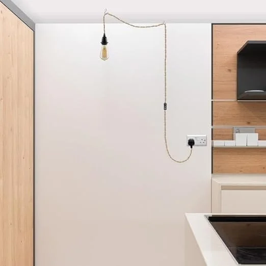 Modern plug in hanging pendant light in black and hemp, metal holder, PVC cable, 3-pin plug and inline switch.