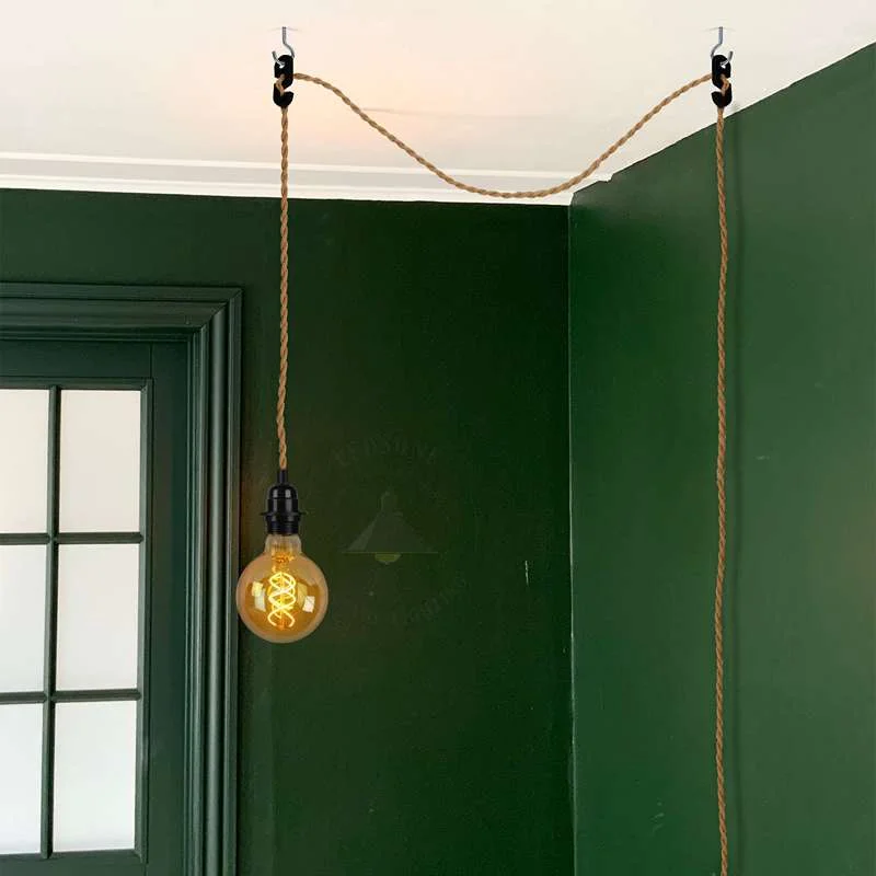 Black and hemp modern wall light with switch hanging from PVC cable, metal holder, E27 socket