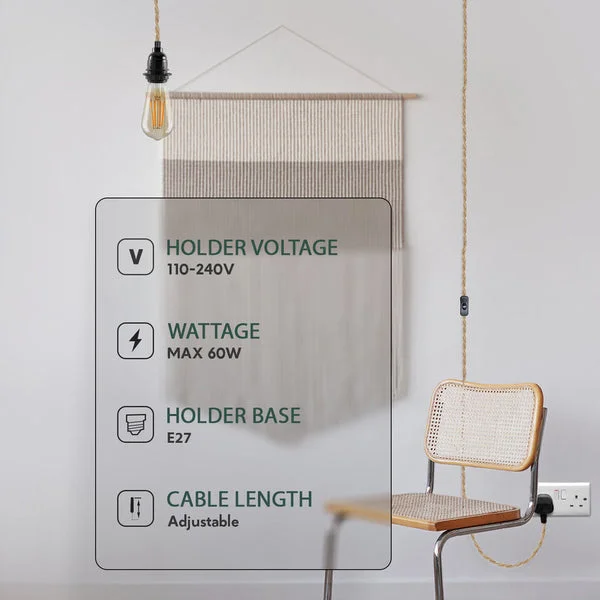 Black and hemp pendant lamp hanging from PVC cable, single head, metal holder, visible on‑off switch, modern elegant style.