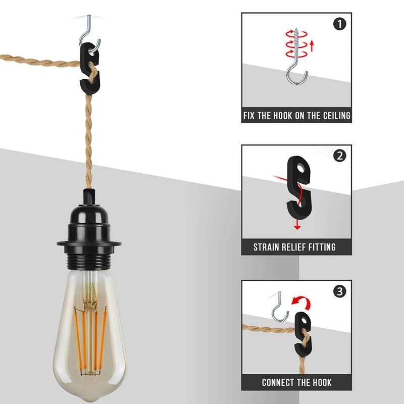 Black and hemp themed plug‑in hanging pendant light with metal holder, PVC cable and inline on‑off switch.