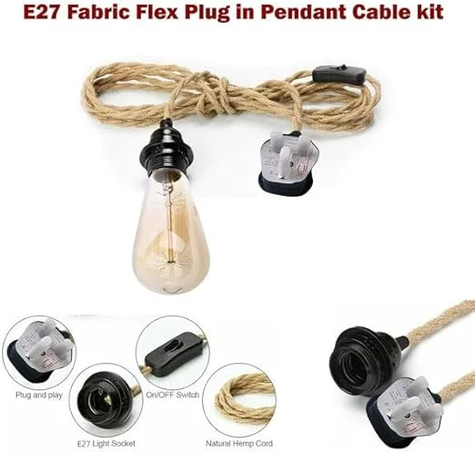 Plug in hanging pendant light with black metal holder, PVC hemp cable, modern single‑head design, suitable for indoor use.