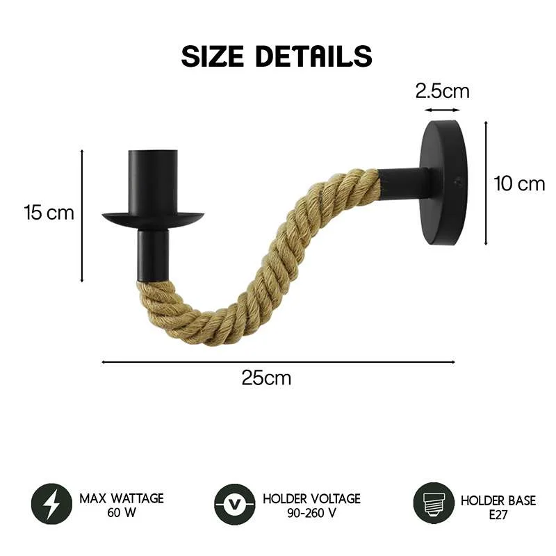 Adjustable bedside wall light with hemp rope, black E27 socket, 180° arm on a wall—vintage style