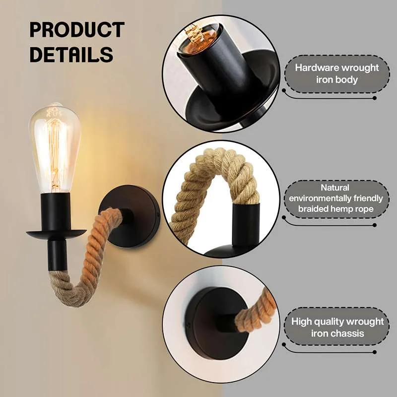 Retro hemp rope lamp on wall with adjustable 180° arm, hand‑woven hemp rope and black E27 socket, stylish vintage lighting.