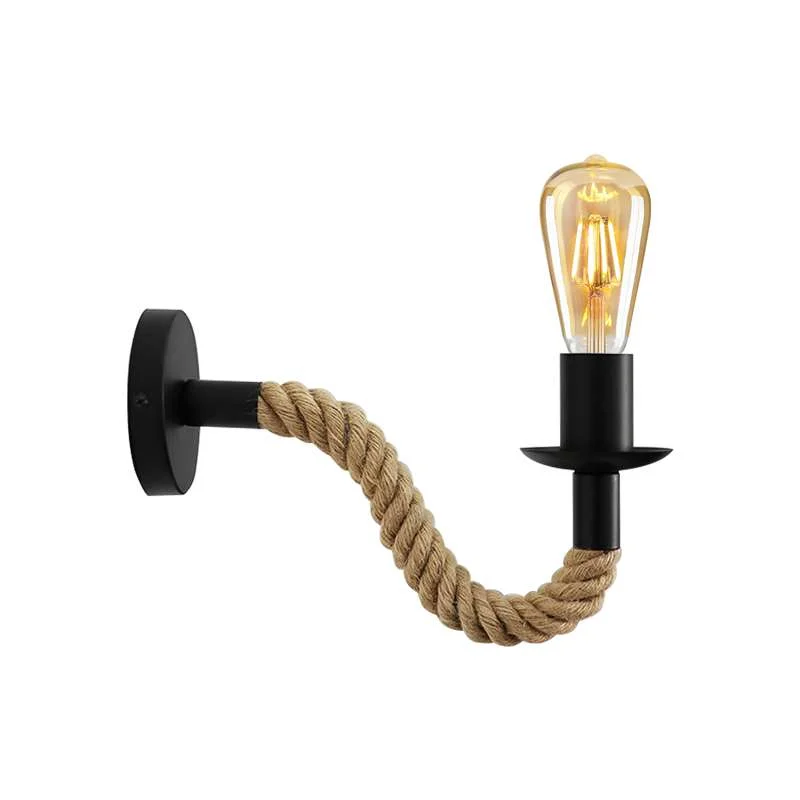 E27 socket wall lamp with vintage hemp rope, black metal frame, adjustable arm for bedside lighting.