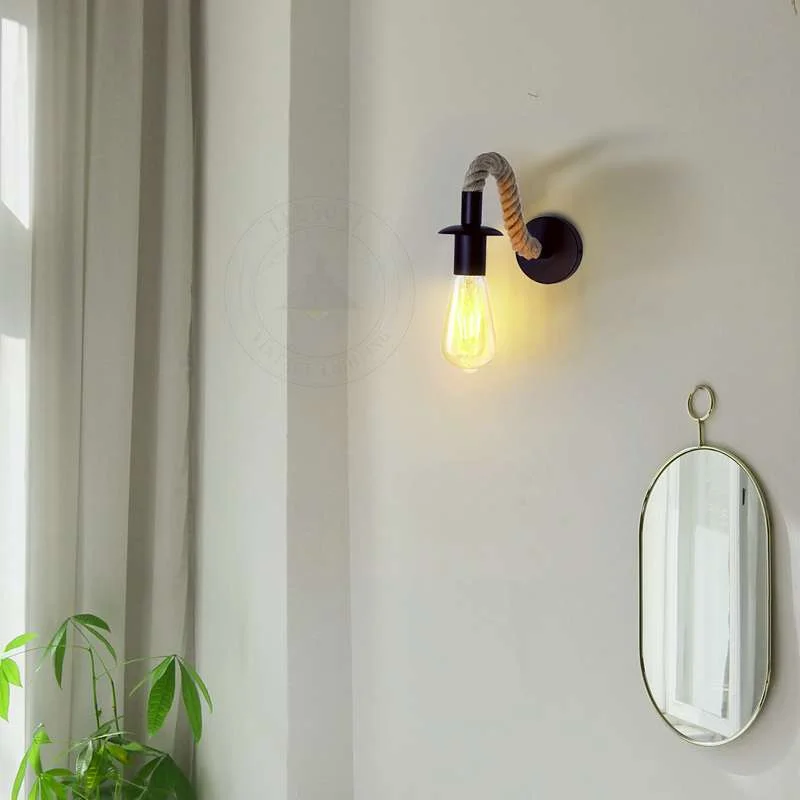 Dimmable vintage wall lamp with hemp rope shade and black E27 socket, adjustable arm 180°.