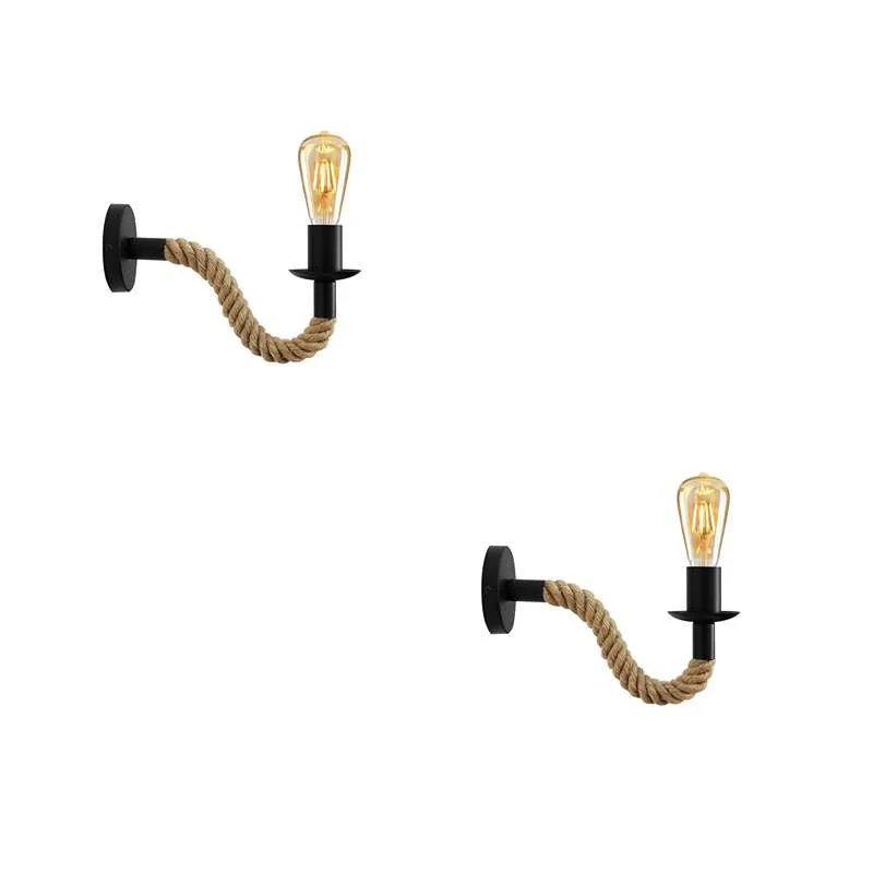 Vintage hemp rope wall light with hand‑woven hemp, a black metal socket arm, a small ceiling rose, mounted on a wall.