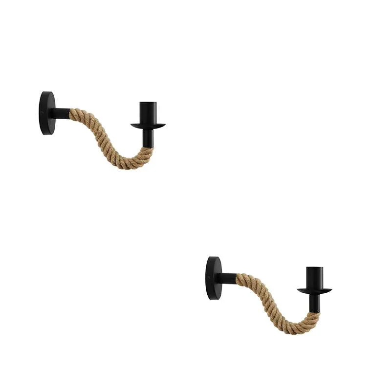 A vintage hemp rope wall light with a black E27 socket, hemp rope wrapped around a metal frame, mounted on a wall.