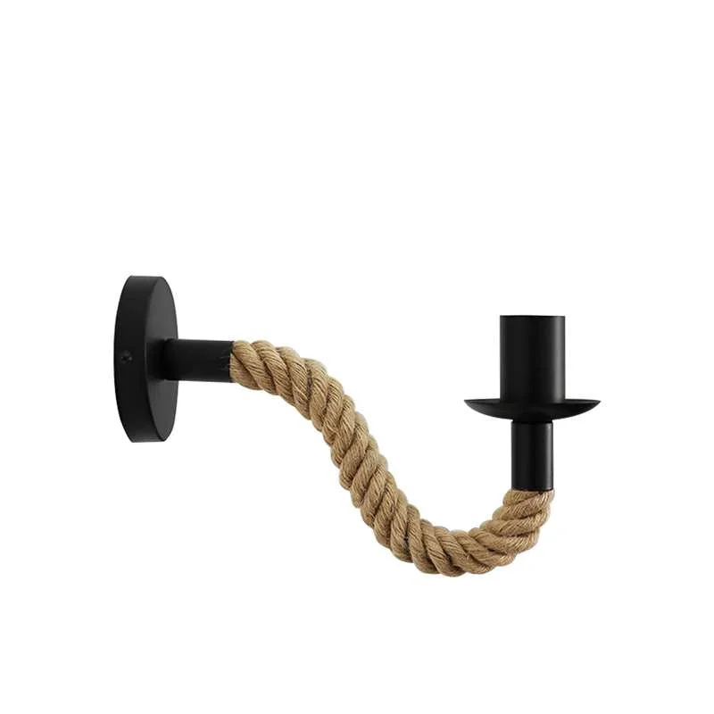 Vintage hemp rope wall light with black metal E27 socket mounted on wall, adjustable 180° arm, hand‑woven hemp rope.